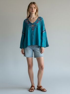 The Pyramid Collection Teal Embroidered V-Neck Tunic